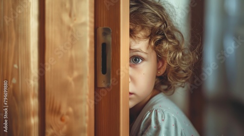 A frightened child peeking from behind a door during a parental dispute © Sasint