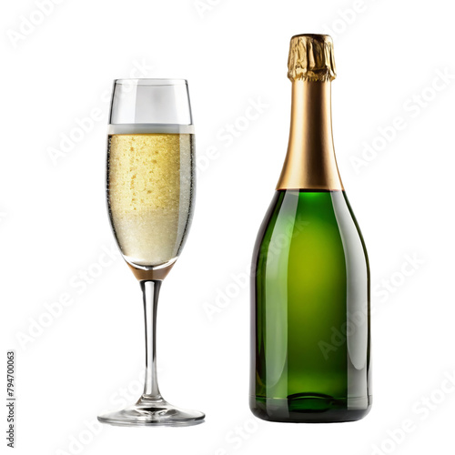 Champagne Bottle and Glasses on White Background