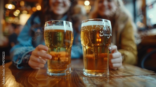 Cropped photo of young friends sitting in cafe while drinking alcohol, Focus on glasses of beer