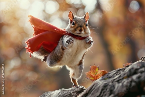 Squirrel with a red cape on a rock A gallant squirrel dons a flowing red cape, standing atop a rocky outcrop. photo