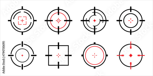 Target aim set. Crosshair target weapon sniper army sight for gun or rifle in black and red color. Sniper target navigation for shooting, optic crosshair, weapon, military, shooting game and accuracy.
