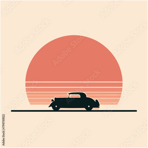 car on the beach with palm silhouettes on background. Summer time themed vector illustration for poster or card or t-shirt or sticker design. photo