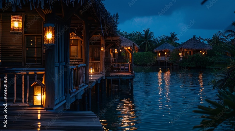 The gentle lapping of the water against the bungalows and the soft glow of lanterns create a soothing ambiance for a restful nights sleep. 2d flat cartoon.