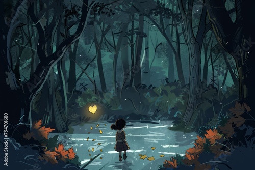 Cartoon cute doodles of a young girl following a trail of breadcrumbs through a dark and mysterious forest, Generative AI photo