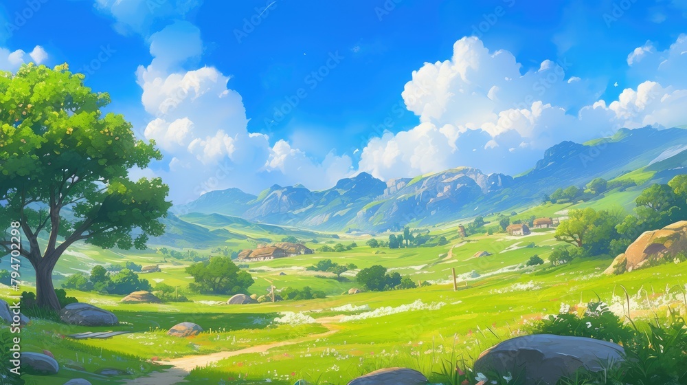 Fototapeta premium Experience the vibrant beauty of a summer landscape where lush green grass flourishing bushes and towering trees adorn a meadow nestled at the base of majestic mountains This cartoon 2d pano
