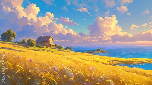 A vibrant summer scene unfolds before us featuring a charming house set against a backdrop of a golden field and the deep blue sea under a cloudy sunset sky in this beautiful natural 2d ill photo
