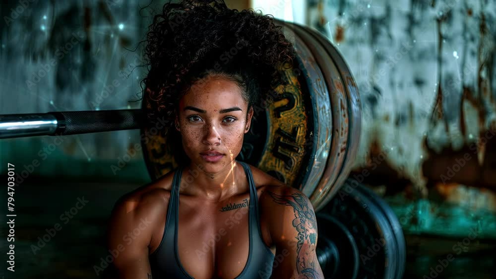 Close up image of attractive fit woman in gym. Background with flying patterns. Focus on woman. Attractive excercise sport model girl. Generative AI. Close up image of attractive fit woman in gym. Background with flying patterns. Focus on woman. Attractive excercise sport model girl. Generative AI.