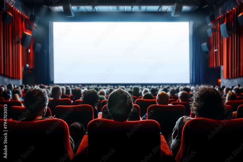 Obraz premium Cinema blank screen and people in red chairs in the cinema hall. Blurred People silhouettes watching movie performance. generative ai.
