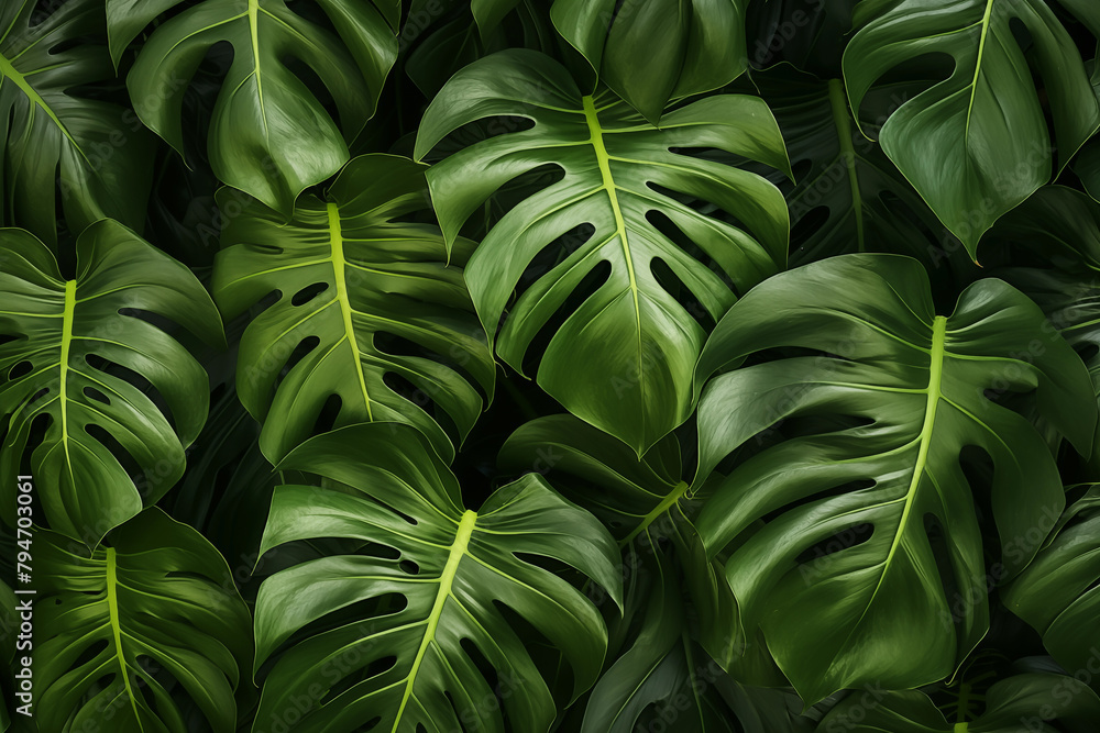 Vibrant green monstera leaves clustered tightly in a tropical setting Vibrant green monstera leaves clustered tightly in a tropical setting