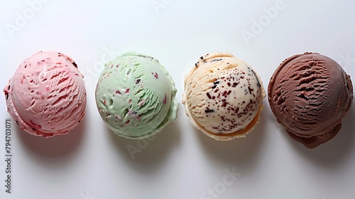 Four ice cream scoops isolated on a white background including vanilla, chocolate, mint and strawberry