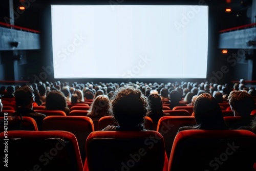 Cinema blank screen and people in red chairs in the cinema hall. Blurred People silhouettes watching movie performance. generative ai.