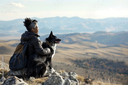 Elderly African American woman with a backpack and a black shepherd dog sitting on a mountain. © evgenia_lo