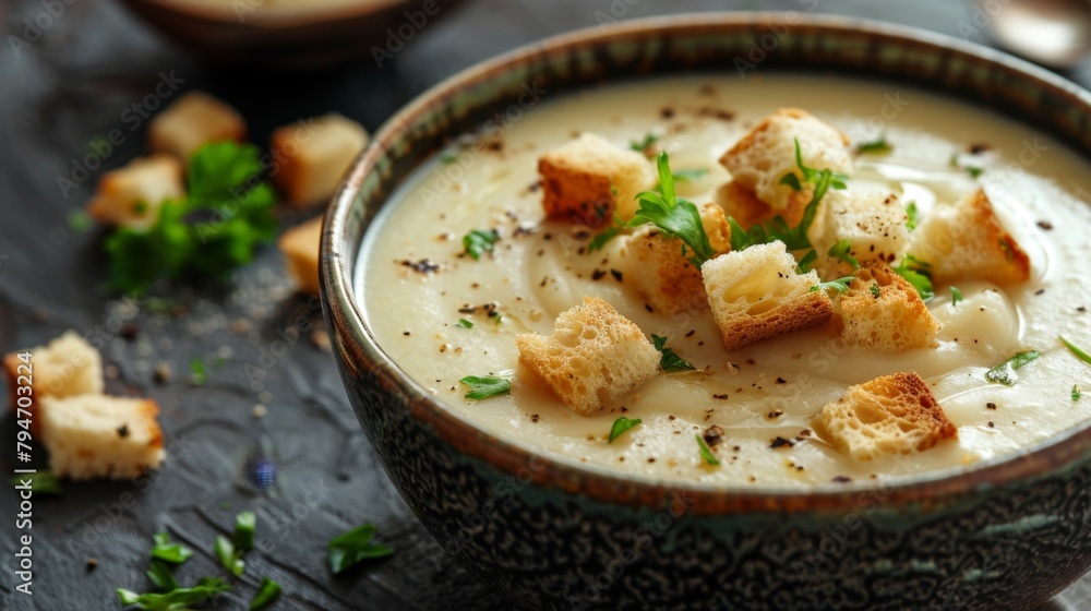 Bowl of soup with croutons beside bread