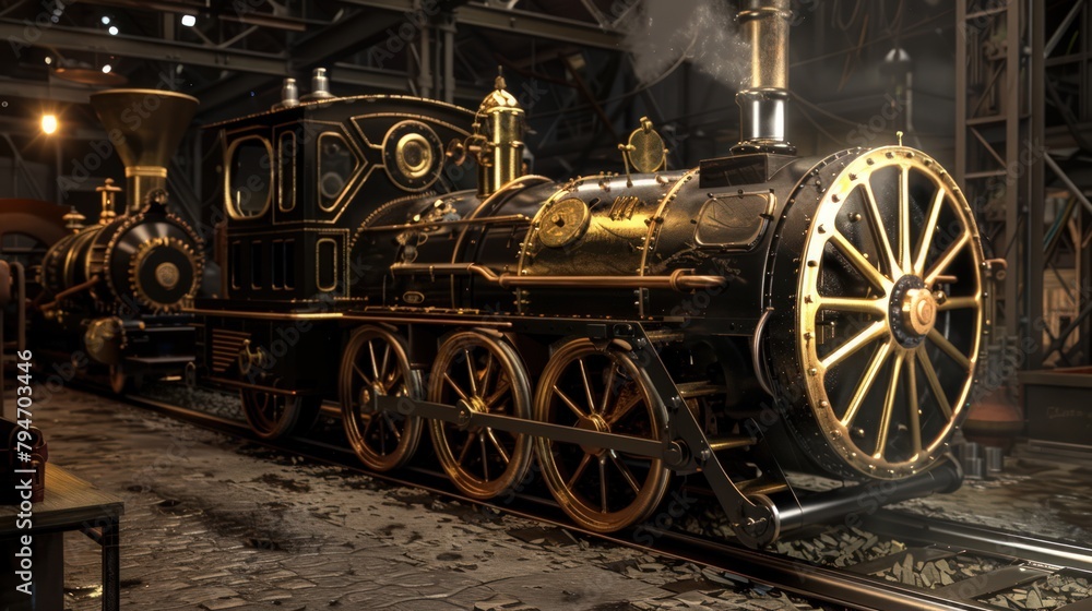 Retro steam train locomotive of the early 19th century, steam locomotive in 1802.
