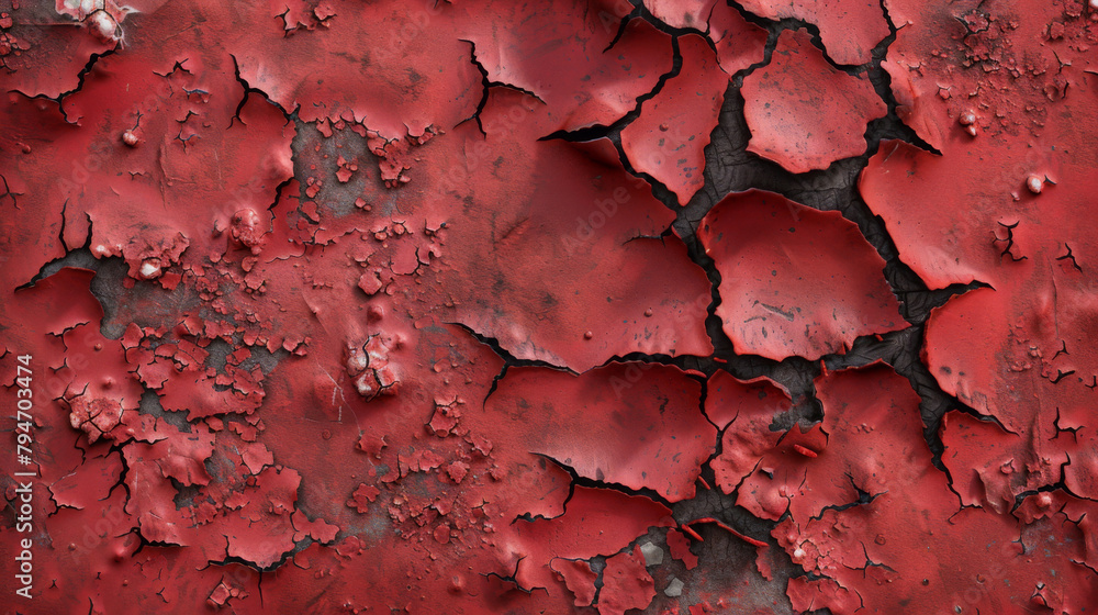 Red paint texture peeling of a metallic background