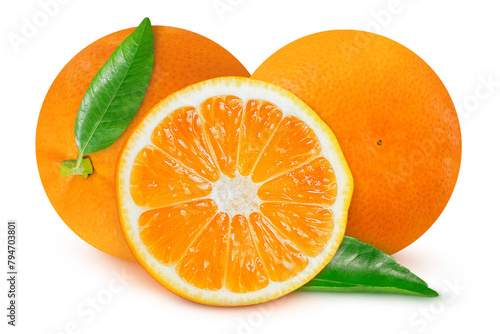 Oranges with a leaf on an isolated white background.