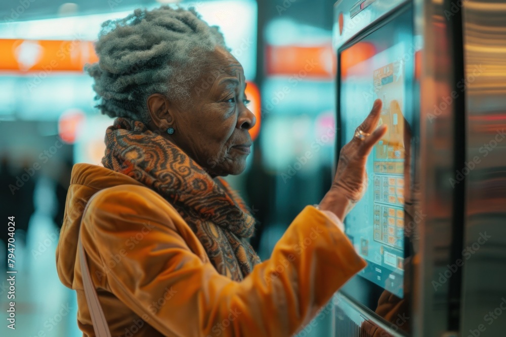 Elderly African American woman using an interactive screen at an airport terminal.