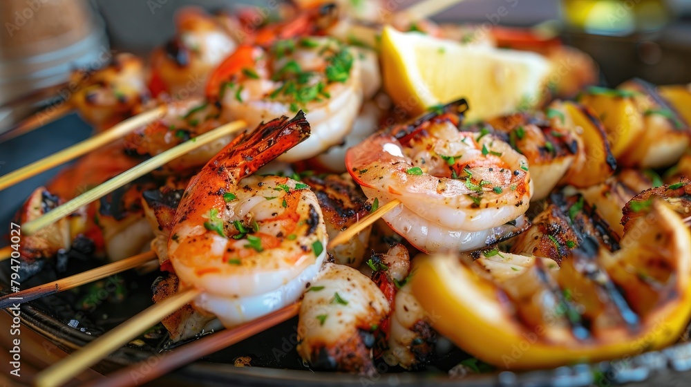 Grilled seafood skewers served with lemon wedges Grilled seafood skewers served with lemon wedges
