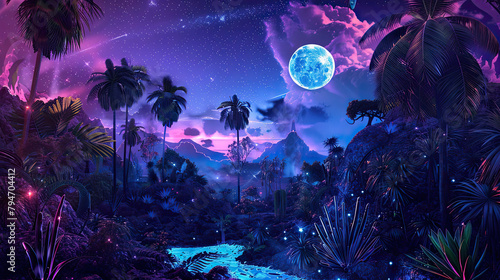 surrealism collage, cut and paste style scene illuminated by the soft neon glow of an EDM jungle against the backdrop of a starry night photo