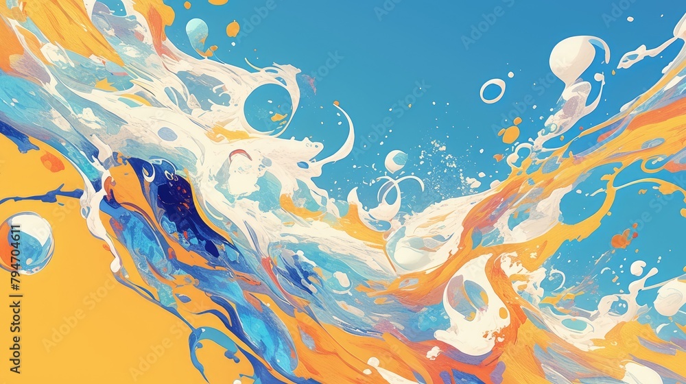 An abstract painting showcasing 2D illustrations of vibrant cartoon water droplets in liquid form