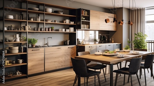 Luxury apartment with loft style kitchen. Shelves with home decor over hardwood countertop at scandinavian interior design. Storage furniture, wooden cabinet and breakfast on dining table