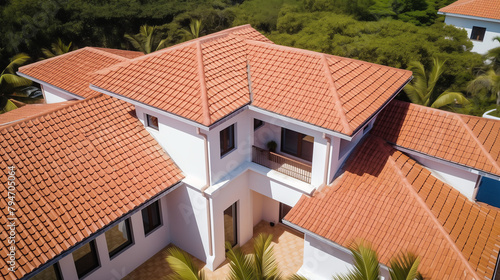 Ceramics tiles roofing house top view covered with ceramic tiles roofing