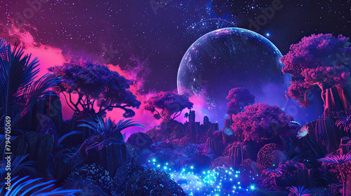 surrealism collage, cut and paste style scene illuminated by the soft neon glow of an EDM jungle against the backdrop of a starry night photo