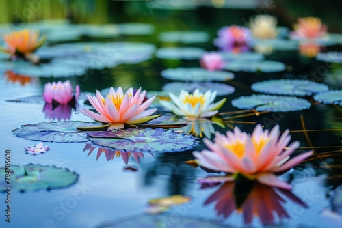 A serene lotus pond with colorful flowers floating on the surface, reflecting the beauty of nature