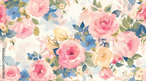 Vibrant watercolor floral pattern featuring roses perfect for wallpaper textile and swimwear Hand drawn and digitally enhanced this design showcases bold bouquets of watercolor ros