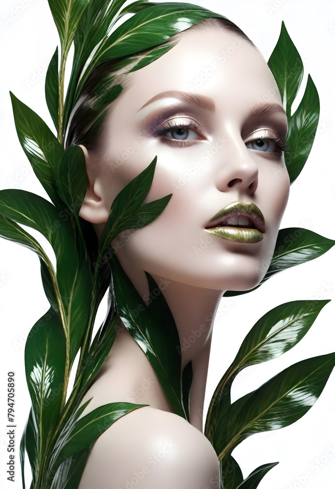 woman with green leaf woman with green leaf