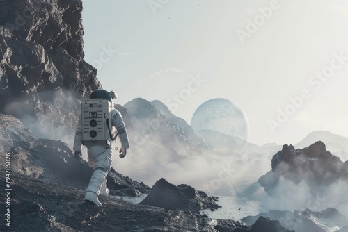 An astronaut in a space suit exploring a rocky surface on an alien planet
