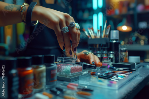 Manicurist doing customer's nails, manicure equipment and nail polish