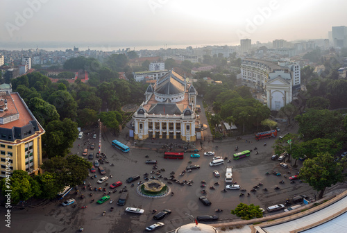 Aerial drone view of Hanoi old quarter with Hanoi Opera House in Hoan Kiem district.