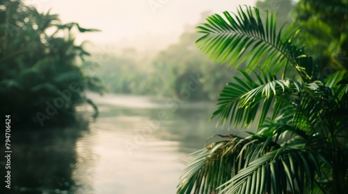 Through the hazy defocused background a twilightdrenched Amazon river meanders lazily past dense thickets of tropical foliage beckoning curious explorers into the heart of the rainforest. .