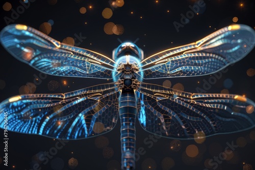 Glowing dragonfly against night sky backdrop