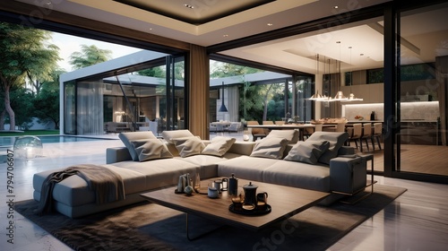 Luxury house interior focusing the living room sofa and pillows next round table on the carpet beside the kitchen and the glass door entrance to outside