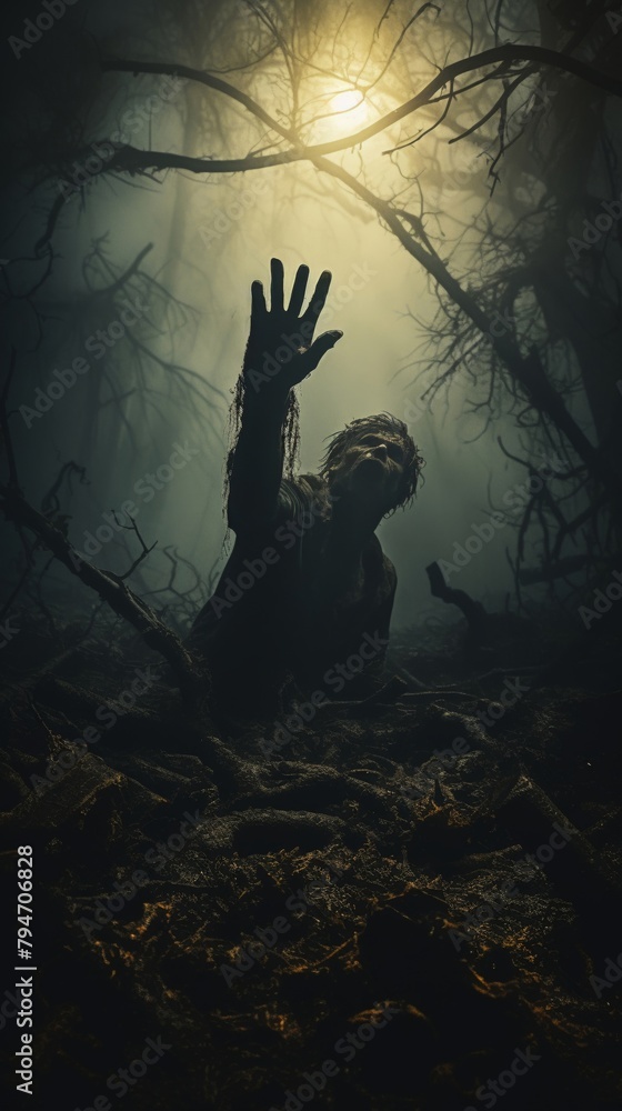 Zombie hand emerging from the ground in a graveyard setting with eerie lighting and fog, perfect for spooky stories Zombie hand emerging from the ground in a graveyard setting with eerie lighting and fog, perfect for spooky stories