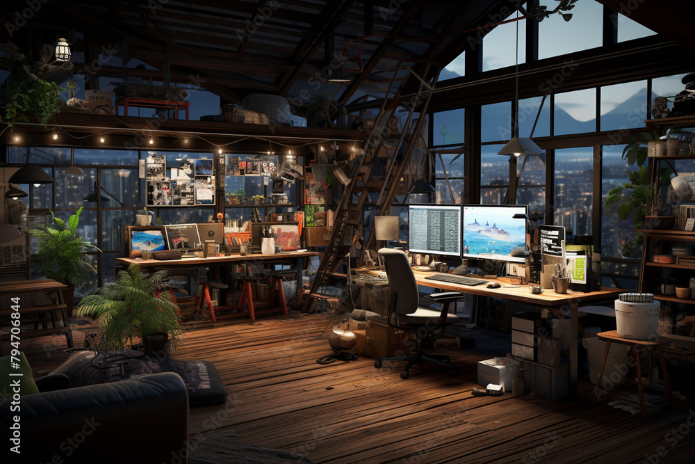 3D rendering of a loft office with a lot of work.