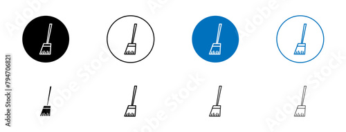 Broom line icon set. dust sweep brush vector icon. broomstick cleanup icon. dirt cleaner mop stick line icon in black color.