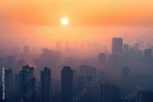 City skyline shrouded in smog at sunset  highlighting environmental pollution issues.