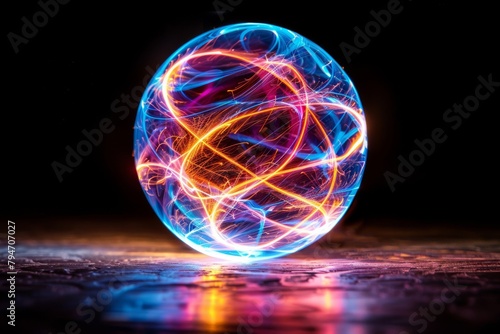 Electrifying glass sphere with colorful light trails