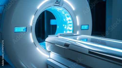 An MRI machine is a large, doughnut-shaped machine that uses magnetic fields and radio waves to create detailed images of the inside of the body. photo