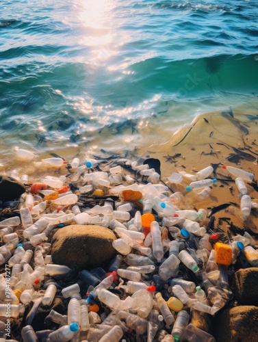 Plastic bottles and other trash on beach harming environment