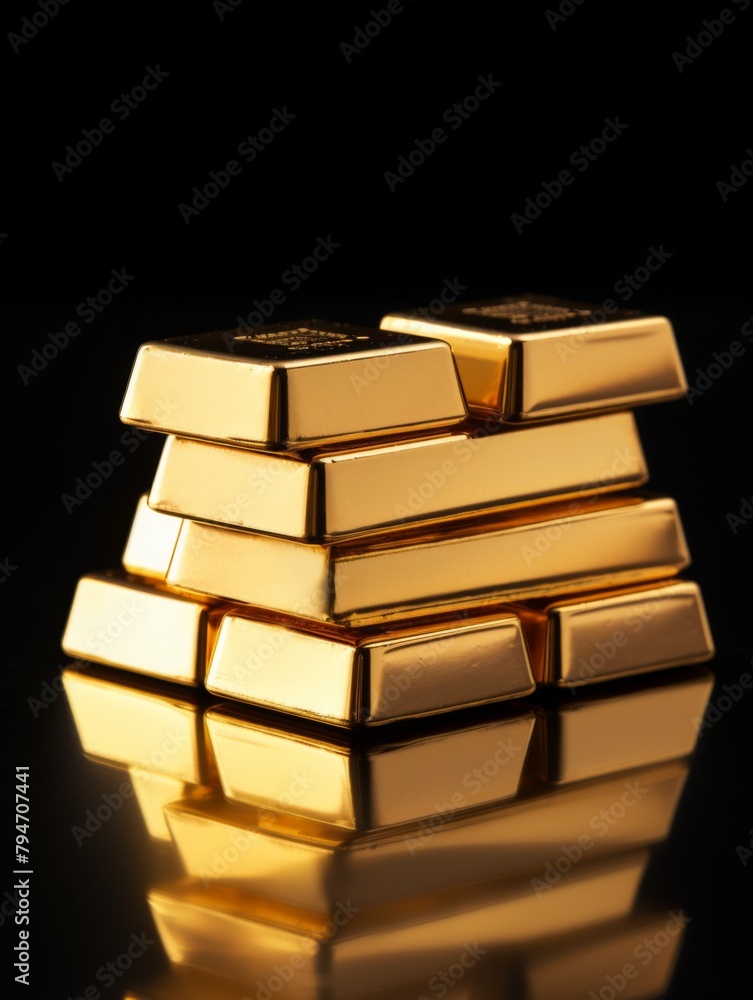A stack of gold bars on a black background. A stack of gold bars on a black background.