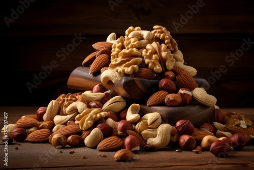 A pile of mixed nuts on a wooden table.