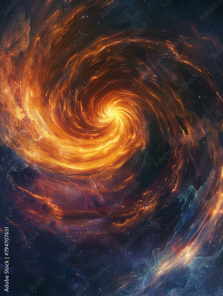 A fiery orange and yellow vortex of stardust and cosmic energy swirls against a backdrop of deep space. A fiery orange and yellow vortex of stardust and cosmic energy swirls against a backdrop of deep space.