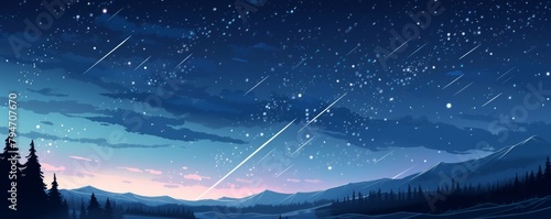 A beautiful landscape of a starry night sky with shooting stars and mountains in the distance.