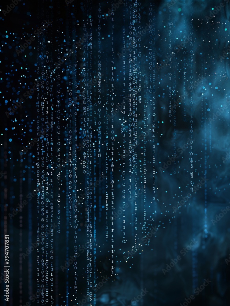 Blue glowing binary code falling against a dark blue background. Blue glowing binary code falling against a dark blue background.