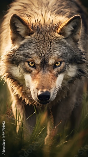 A close up of a staring wolf with yellow eyes