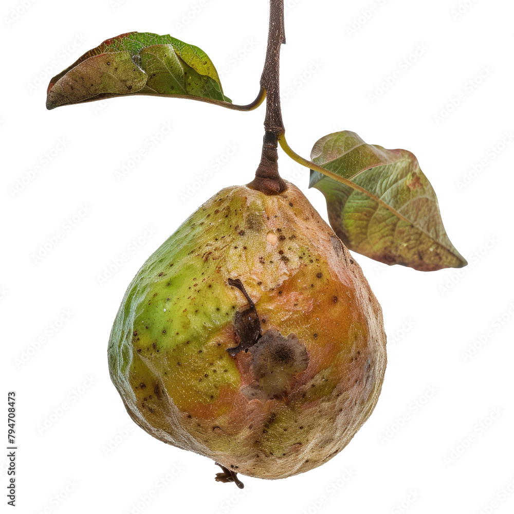 A guava fruit with a rotten appearance clinging to its stem depicted ...